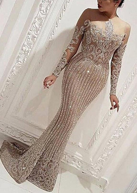 Elegant Beige O Neck Sequins Slim Fit Long Dress Spring