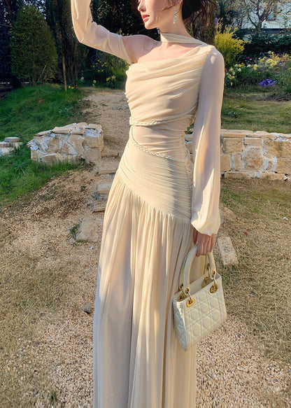 Elegant Beige One Shoulder Wrinkled Knit Party Dresses Summer