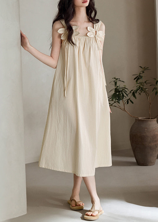 Elegant Beige Original Design Lace Up Cotton Long Dress Sleeveless