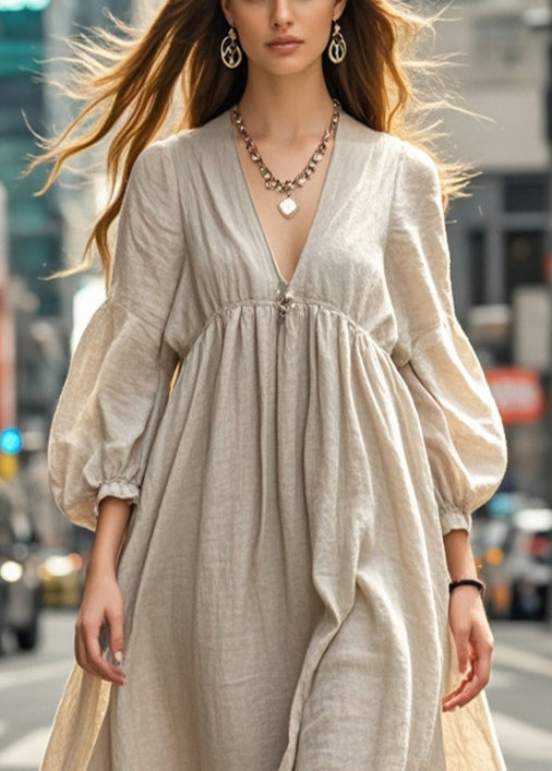 Elegant Beige Oversized Cotton Long Dresses Spring