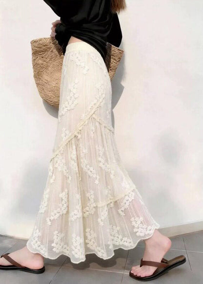 Elegant Beige Patchwork Elastic Waist Lace Maxi Skirts Fall