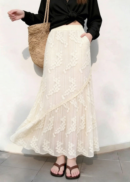 Elegant Beige Patchwork Elastic Waist Lace Maxi Skirts Fall