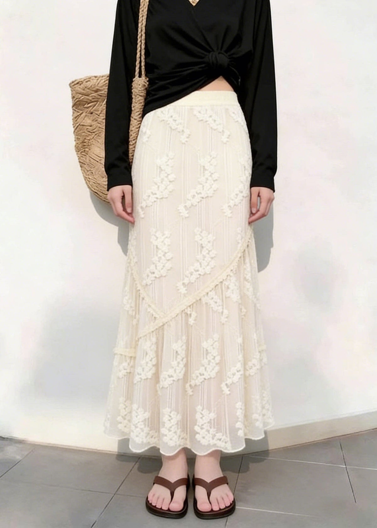 Elegant Beige Patchwork Elastic Waist Lace Maxi Skirts Fall