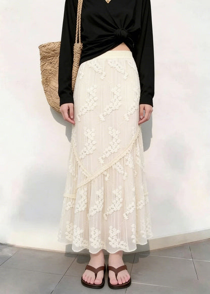 Elegant Beige Patchwork Elastic Waist Lace Maxi Skirts Fall