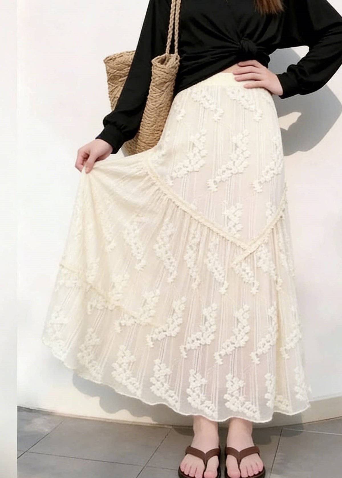 Elegant Beige Patchwork Elastic Waist Lace Maxi Skirts Fall