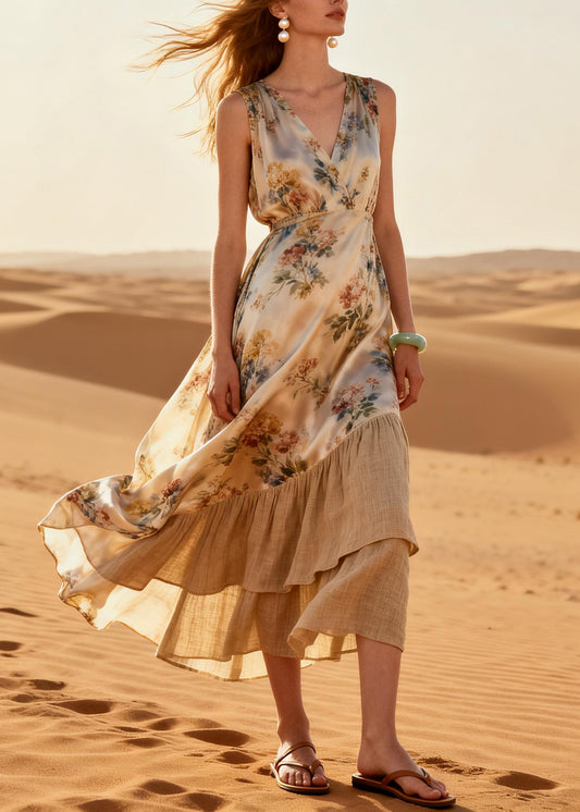 Elegant Beige Print Patchwork Linen Silk Maxi Dresses Summer