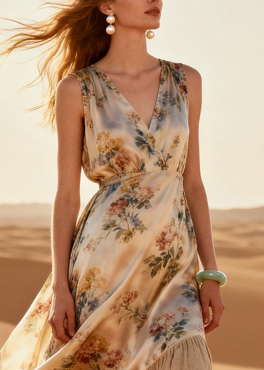 Elegant Beige Print Patchwork Linen Silk Maxi Dresses Summer