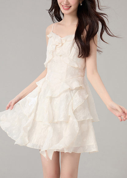 Elegant Beige Ruffled Jacquard Cotton Sundress Summer