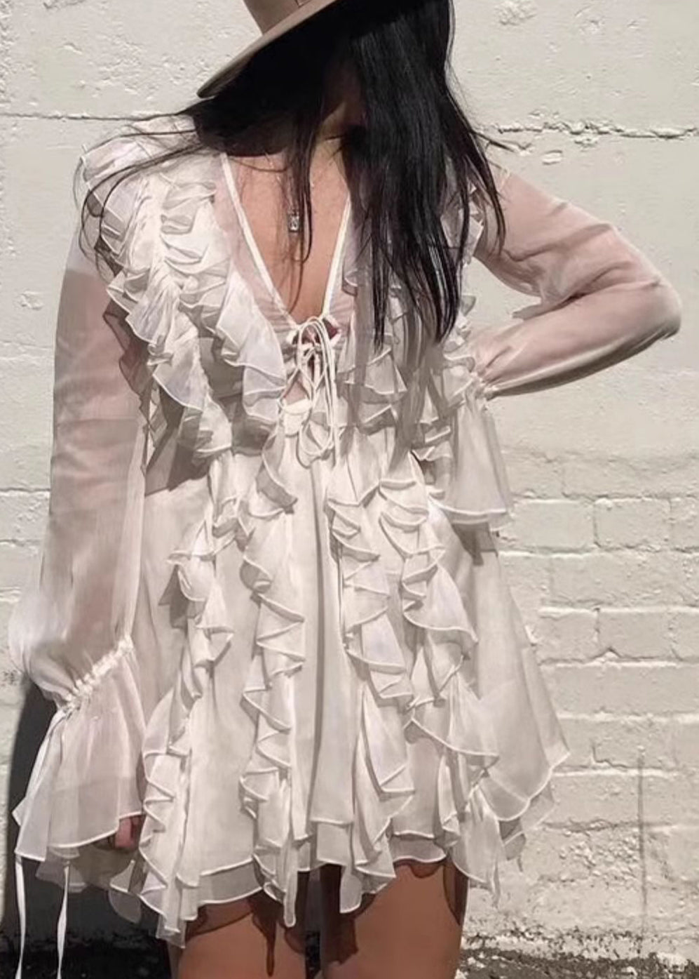 Elegant Beige Ruffled Lace Up Chiffon Mini Dresses Flare Sleeve