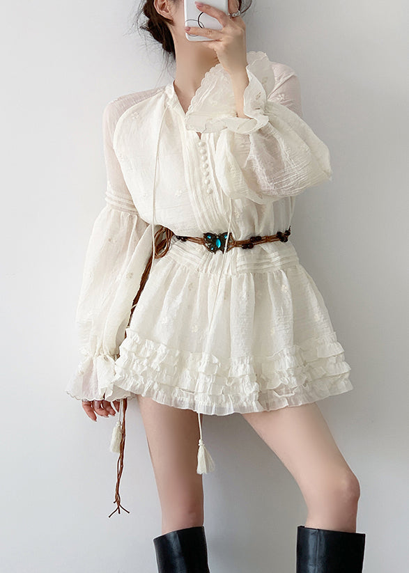 Elegant Beige Ruffled Lace Up Cotton Mini Dress Fall