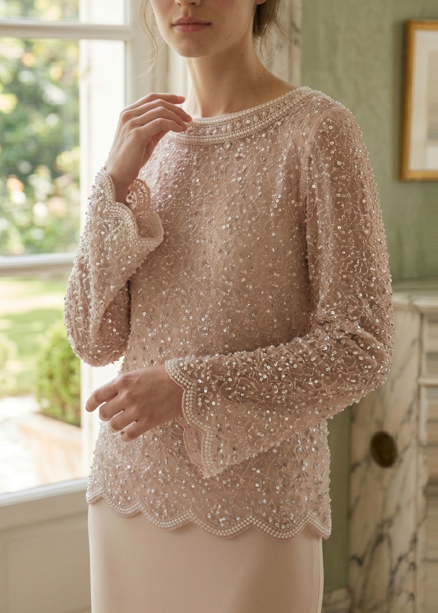 Elegant Beige Sequins Tulle Shirt Flare Sleeve
