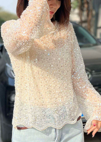 Elegant Beige Sequins Tulle Shirt Flare Sleeve