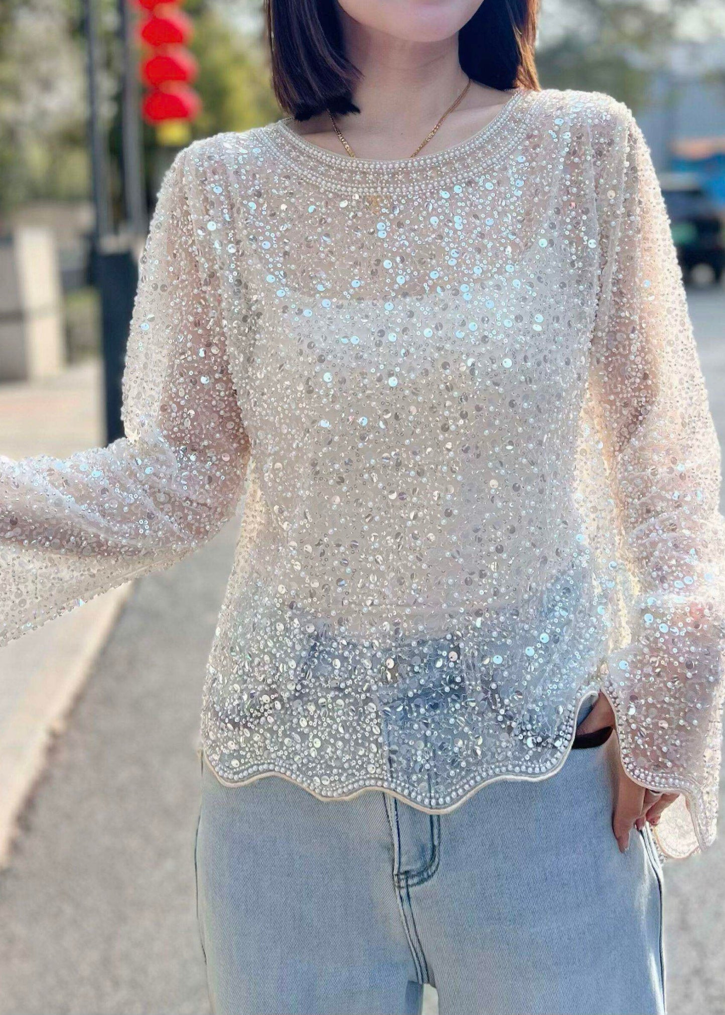 Elegant Beige Sequins Tulle Shirt Flare Sleeve