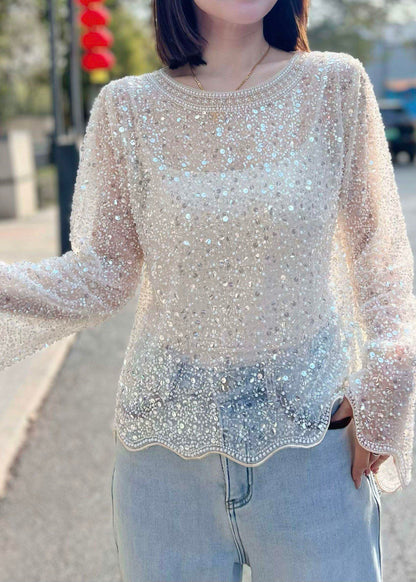 Elegant Beige Sequins Tulle Shirt Flare Sleeve