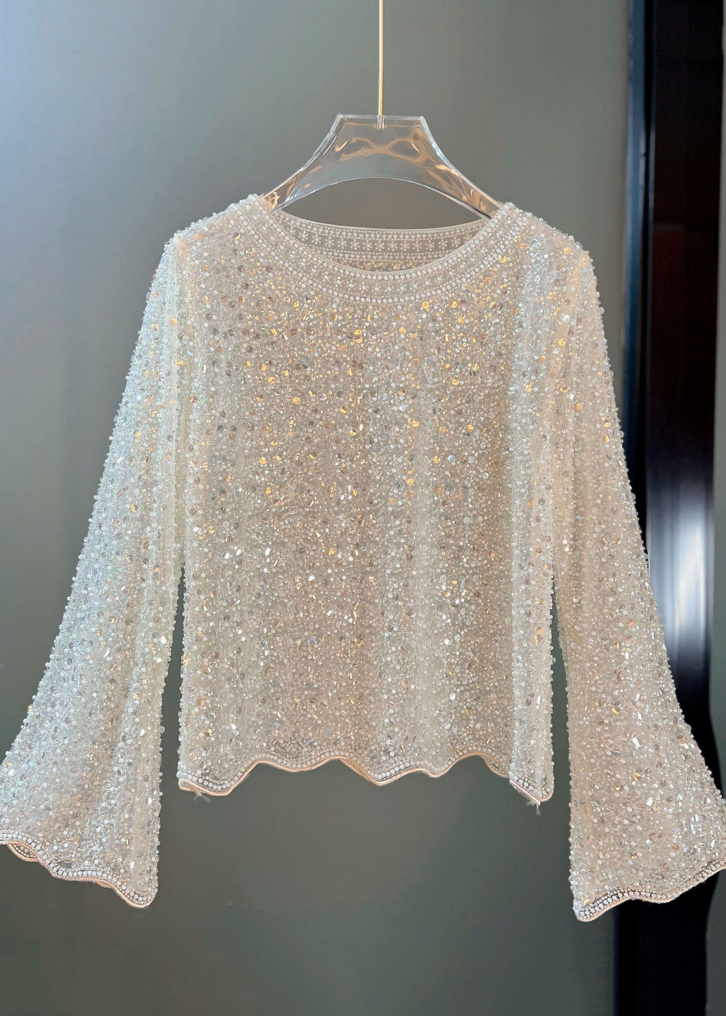 Elegant Beige Sequins Tulle Shirt Flare Sleeve