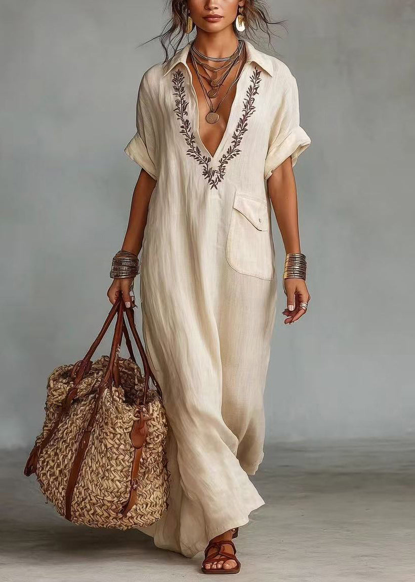 Elegant Beige V Neck Embroidered Cotton Maxi Dresses Fall