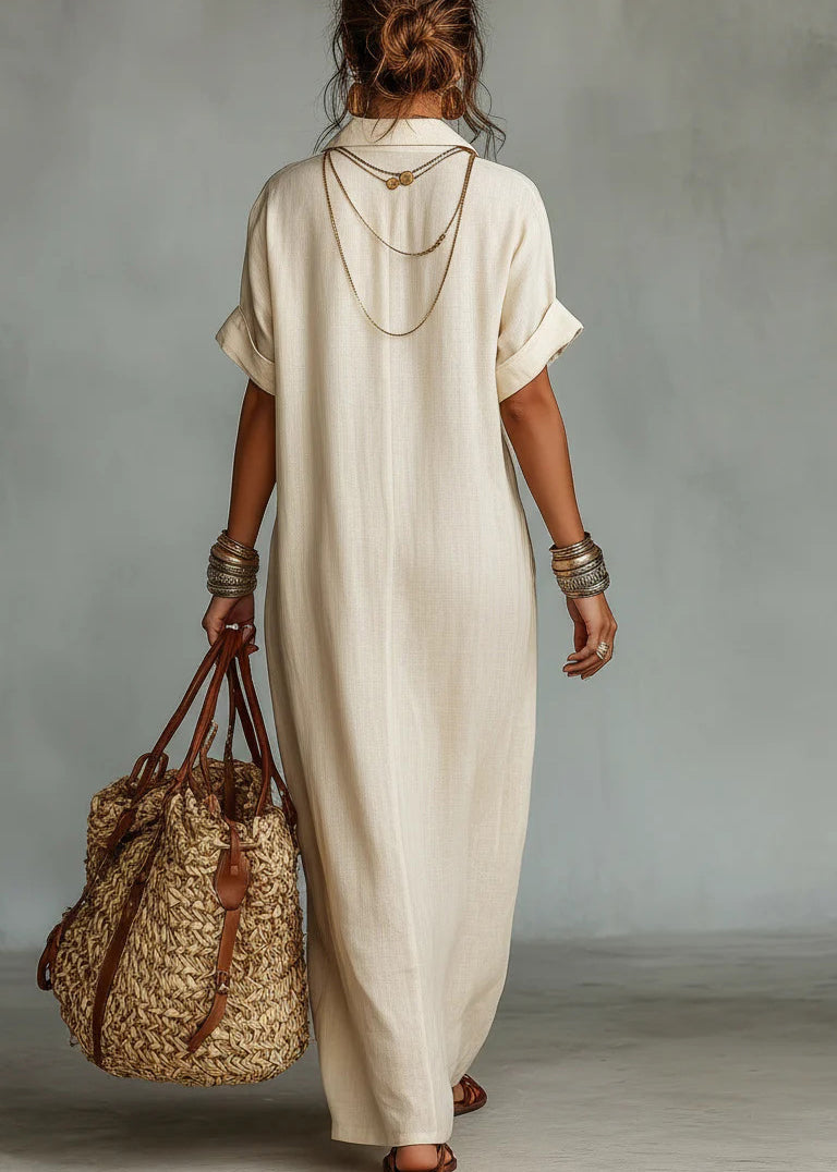Elegant Beige V Neck Embroidered Cotton Maxi Dresses Fall