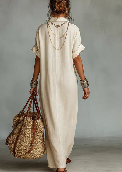 Elegant Beige V Neck Embroidered Cotton Maxi Dresses Fall