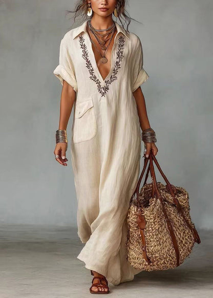 Elegant Beige V Neck Embroidered Cotton Maxi Dresses Fall