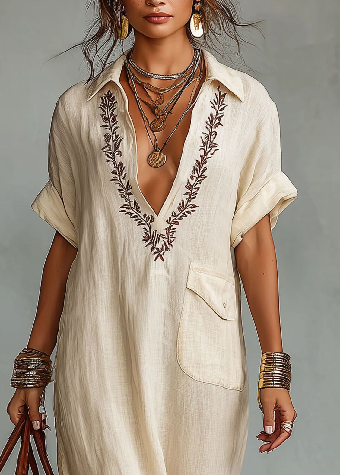 Elegant Beige V Neck Embroidered Cotton Maxi Dresses Fall