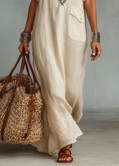 Elegant Beige V Neck Embroidered Cotton Maxi Dresses Fall