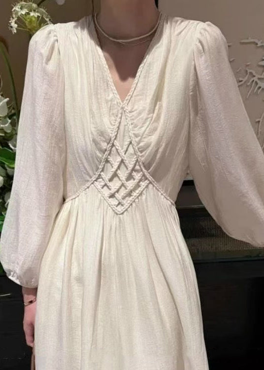 Elegant Beige V Neck High Waist Cotton Long Dress Fall