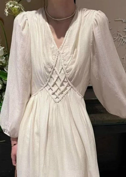 Elegant Beige V Neck High Waist Cotton Long Dress Fall