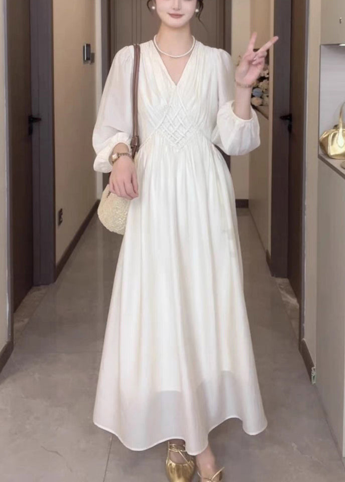 Elegant Beige V Neck High Waist Cotton Long Dress Fall