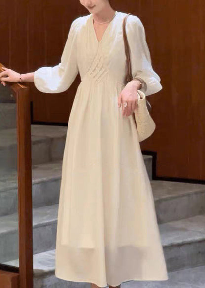 Elegant Beige V Neck High Waist Cotton Long Dress Fall