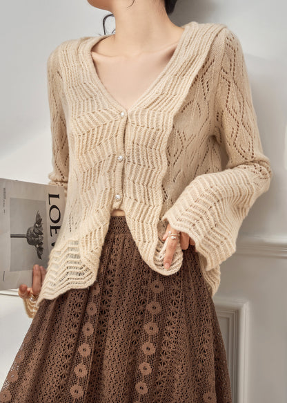 Elegant Beige V Neck Hollow Out Button Knit Cardigan Fall