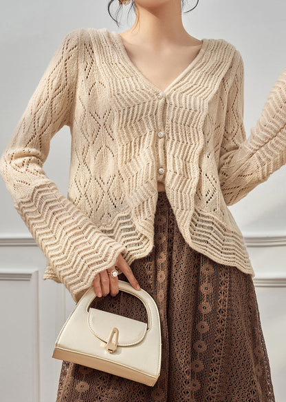 Elegant Beige V Neck Hollow Out Button Knit Cardigan Fall