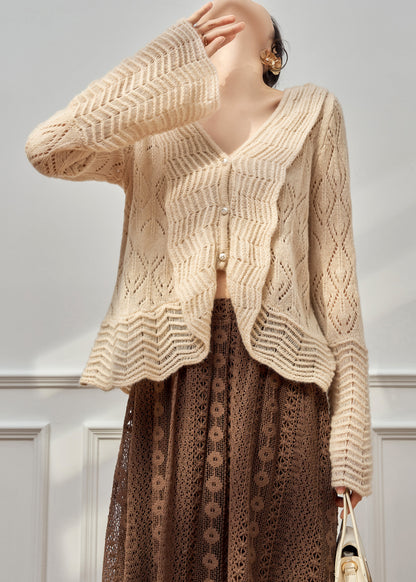Elegant Beige V Neck Hollow Out Button Knit Cardigan Fall