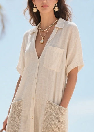 Elegant Beige V Neck Patchwork Pockets Cotton Vacation Dresses Summer