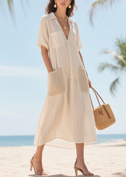 Elegant Beige V Neck Patchwork Pockets Cotton Vacation Dresses Summer