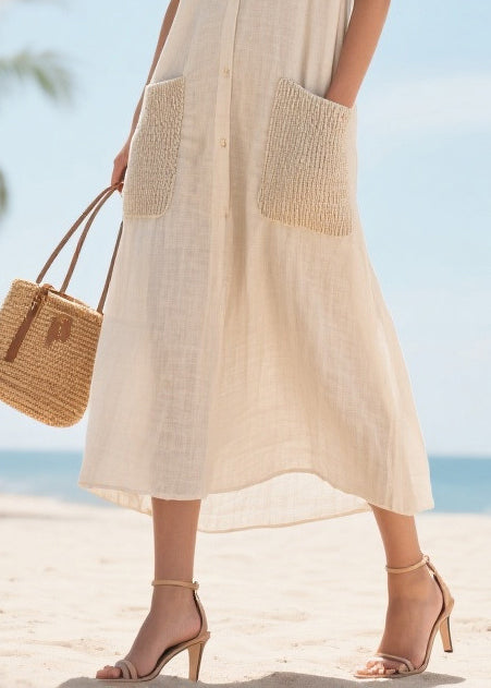 Elegant Beige V Neck Patchwork Pockets Cotton Vacation Dresses Summer