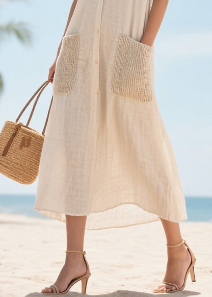 Elegant Beige V Neck Patchwork Pockets Cotton Vacation Dresses Summer