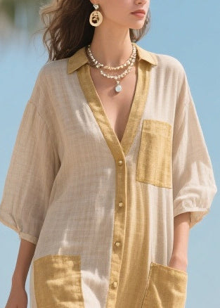 Elegant Beige V Neck Patchwork Tulle Maxi Dresses Bracelet Sleeve