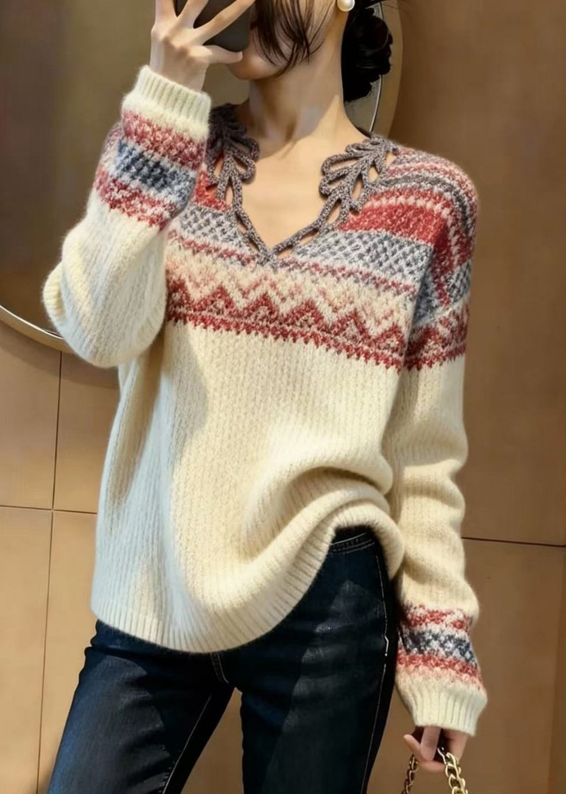 Elegant Beige V Neck Print Knitted Tops Spring