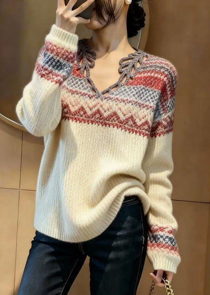 Elegant Beige V Neck Print Knitted Tops Spring