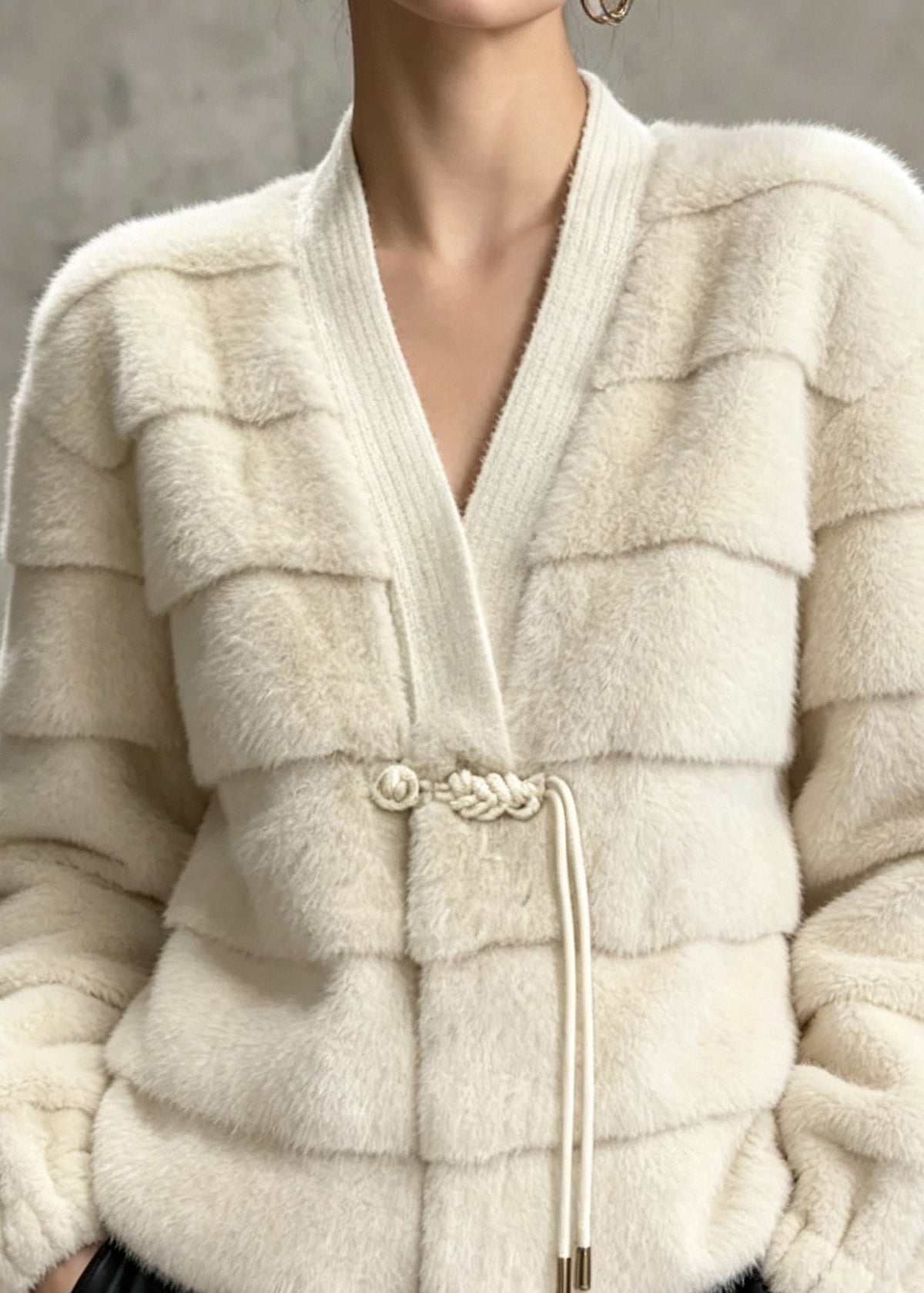 Elegant Beige V Neck Tassel Patchwork Faux Fur Jackets Winter