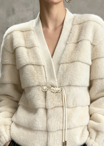 Elegant Beige V Neck Tassel Patchwork Faux Fur Jackets Winter