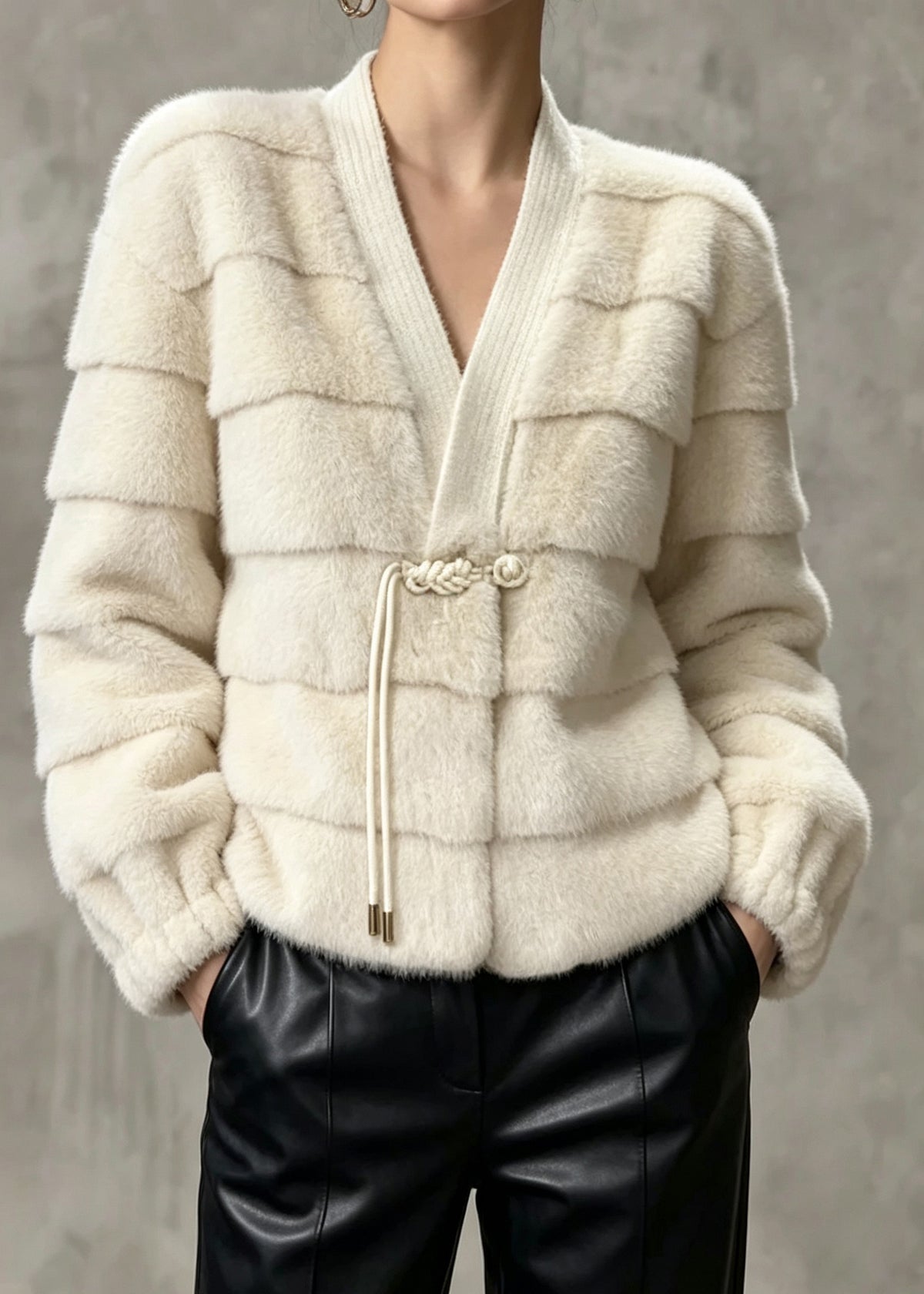 Elegant Beige V Neck Tassel Patchwork Faux Fur Jackets Winter