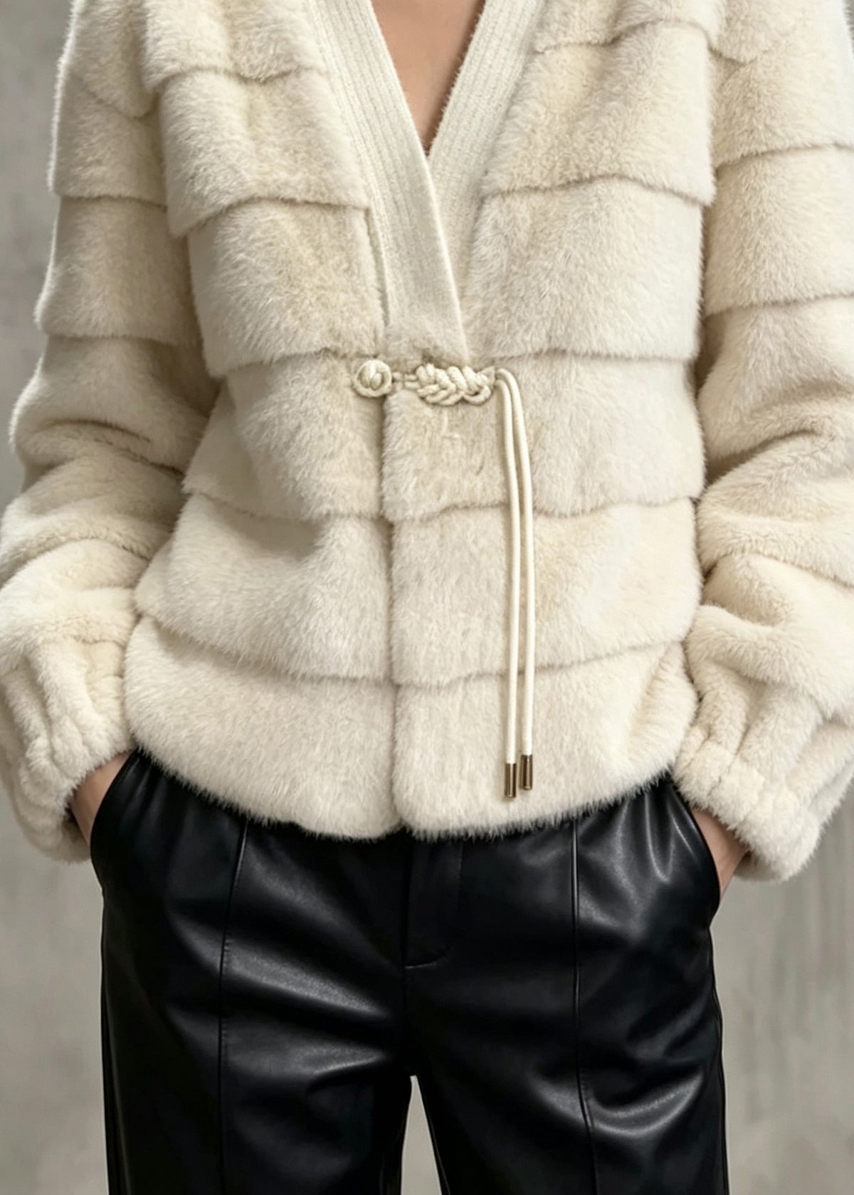 Elegant Beige V Neck Tassel Patchwork Faux Fur Jackets Winter