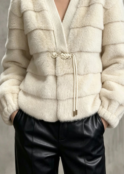 Elegant Beige V Neck Tassel Patchwork Faux Fur Jackets Winter