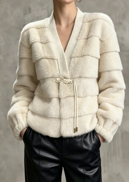 Elegant Beige V Neck Tassel Patchwork Faux Fur Jackets Winter