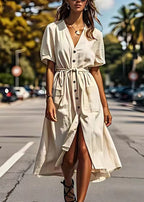 Elegant Beige V Neck Tie Waist Button Cotton Dress Summer