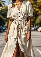 Elegant Beige V Neck Tie Waist Button Cotton Dress Summer