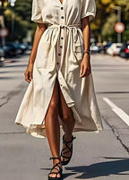 Elegant Beige V Neck Tie Waist Button Cotton Dress Summer
