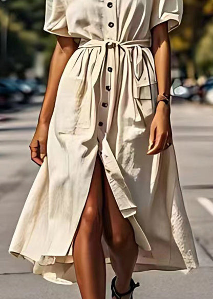 Elegant Beige V Neck Tie Waist Button Cotton Dress Summer