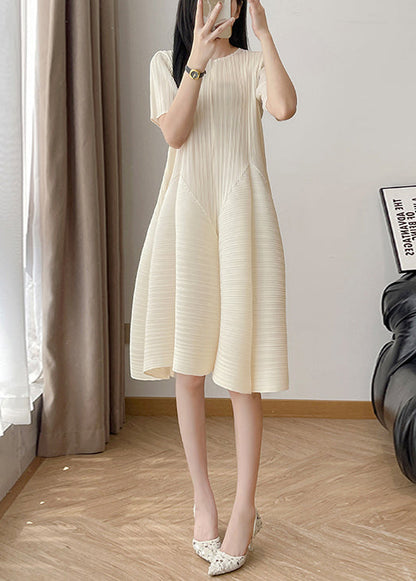 Elegant Beige Wrinkled High Waist Solid Cotton Dresses